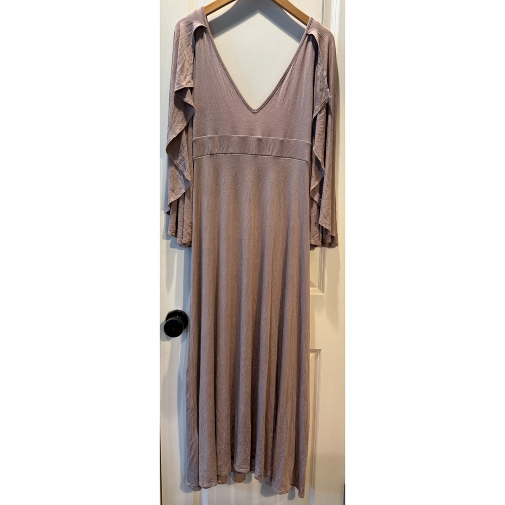 Free People Womens Beach Mega Babe Maxi Dress Taupe Long Sleeve Deep V Neck‎ S